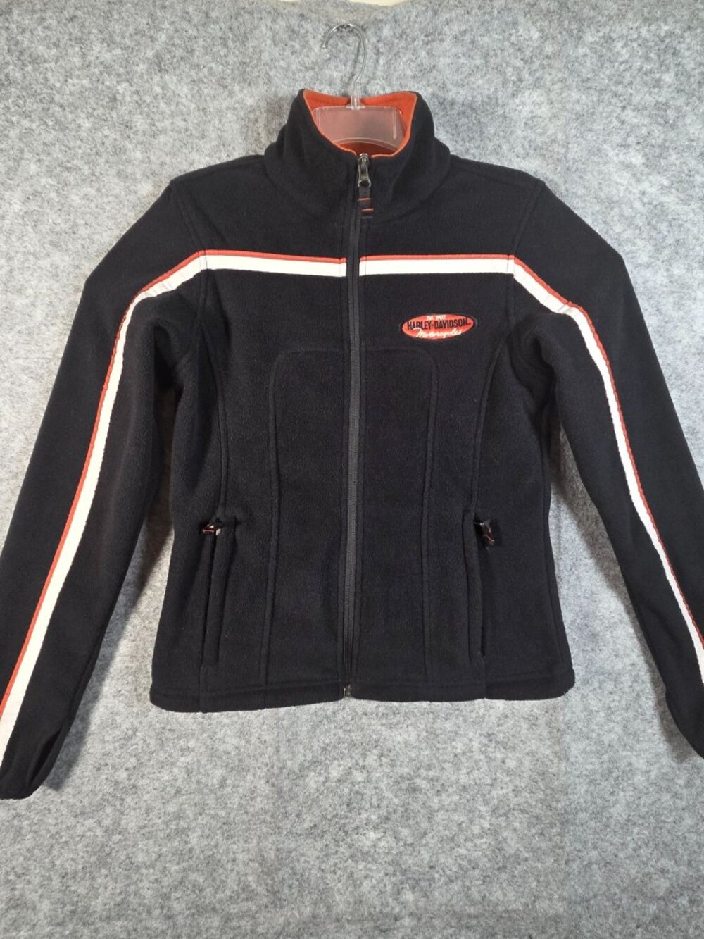 Harley Davidson Women’s Fleece Jacket Y2K Moto Racing Biker Black Orange Size S